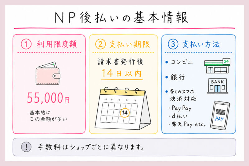 NP後払いの限度額や支払い期日、支払い方法や手数料