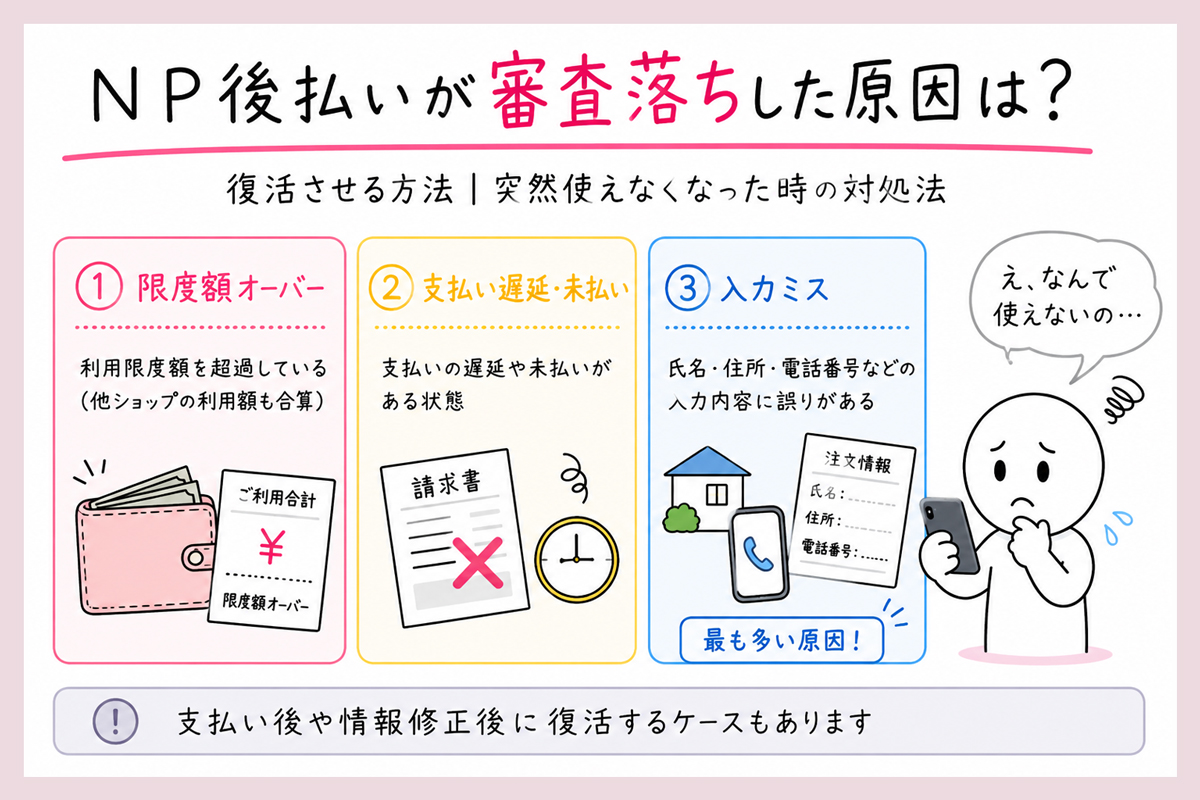 NP後払いの審査落ちの理由は？いつまで使えない？復活の目安