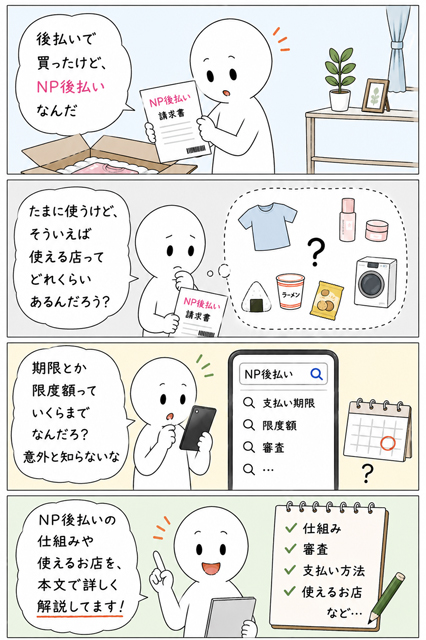 NP後払いの請求書に気づき仕組みや使えるお店を知る4コマ漫画