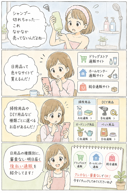 日用品を種類別に審査なし後払いで買いたい主婦の4コマ漫画