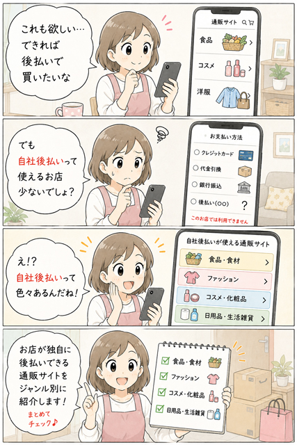 審査なし自社後払い通販をジャンル別に探す主婦の4コマ漫画