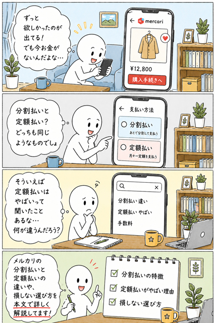 メルカリの分割払いと定額払いの違いに気づく4コマ漫画
