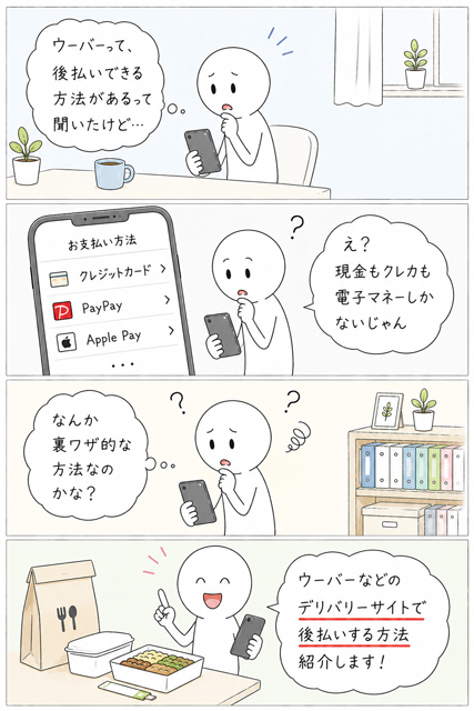 ウーバーイーツを後払いする裏ワザを探す棒人間の4コマ漫画