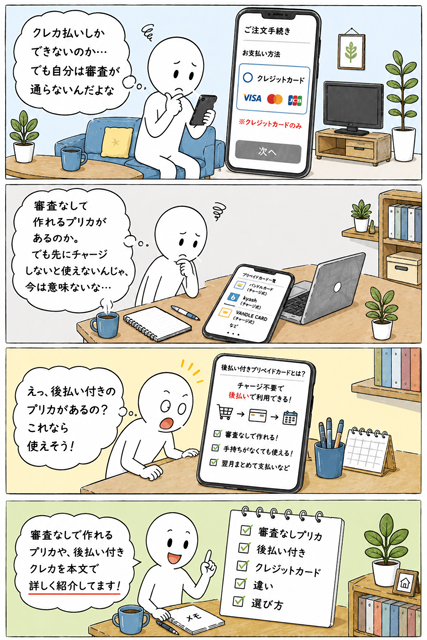 クレカの審査が通らない人が後払い付きプリカを知る4コマ漫画