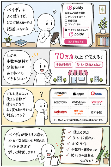 ペイディが使えるお店や分割払い対応サイトを調べる4コマ漫画