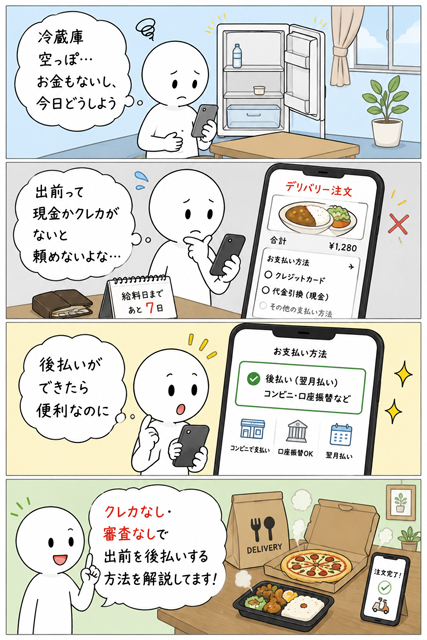 お金がなくて出前を諦めかけた棒人間が後払いに気づく4コマ漫画