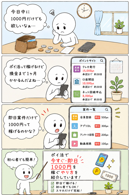 今日中に1000円を稼ぎたい人がポイ活の即日案件を見つける4コマ漫画