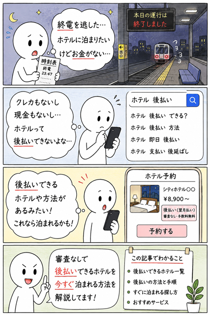 終電を逃して後払いでホテルを予約したい棒人間の4コマ漫画