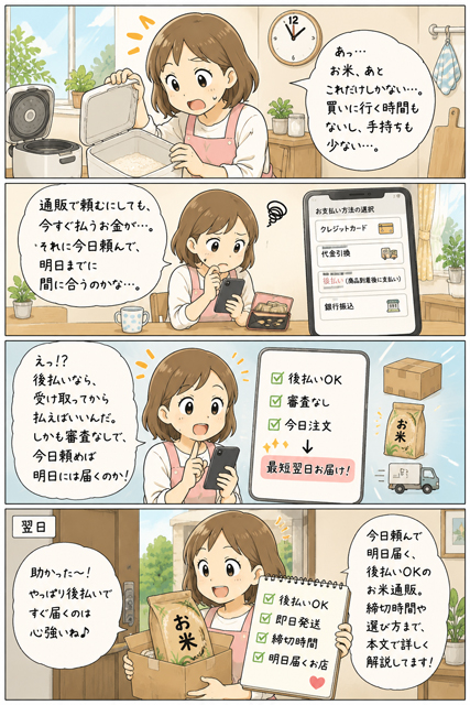 お米の後払い・審査なしで明日届くと気づく4コマ漫画