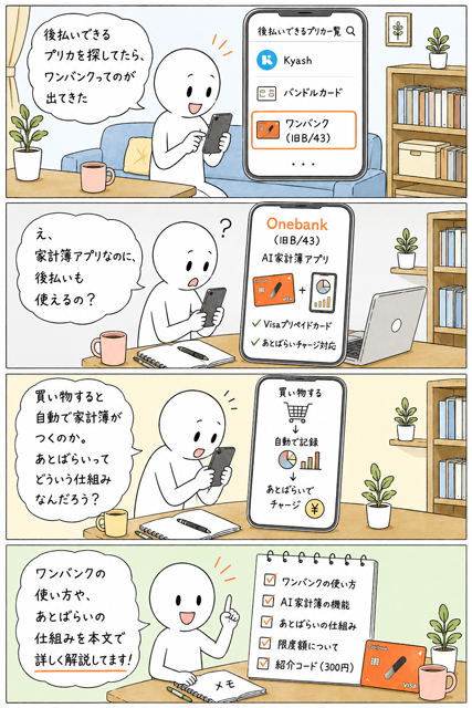 ワンバンクは家計簿アプリなのに後払いできると知る4コマ漫画