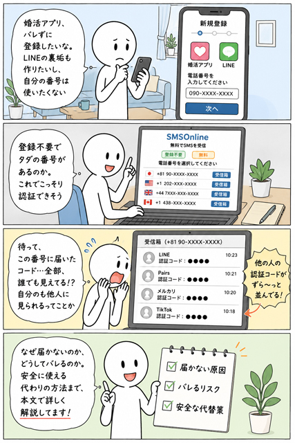 SMSOnlineで他人に認証コードが見られると気づく4コマ漫画