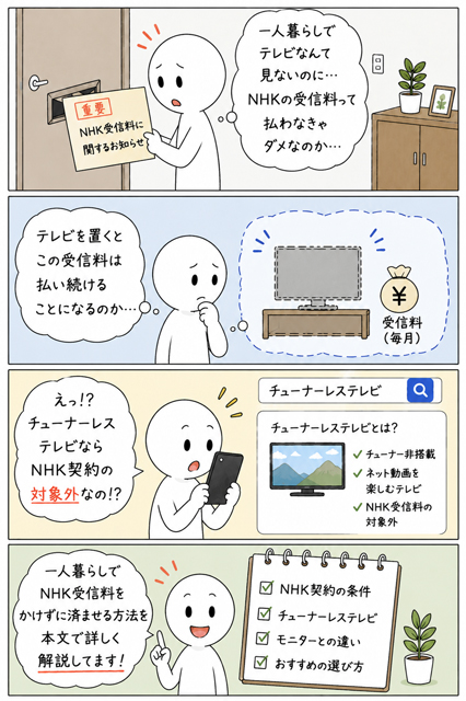 チューナーレステレビならNHK受信料がかからないと気づく4コマ漫画