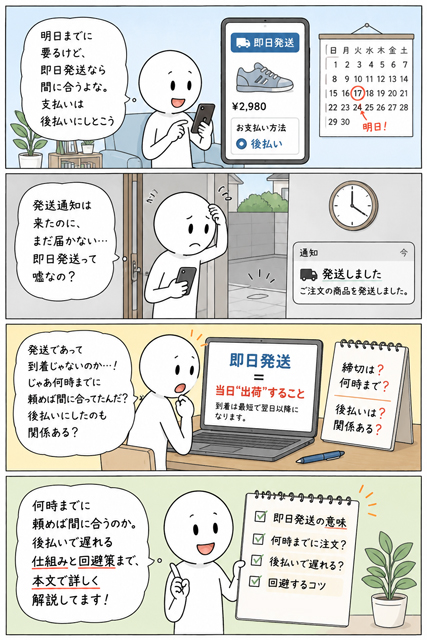 即日発送はいつ届く？後払いで遅れる仕組みを解説する4コマ漫画