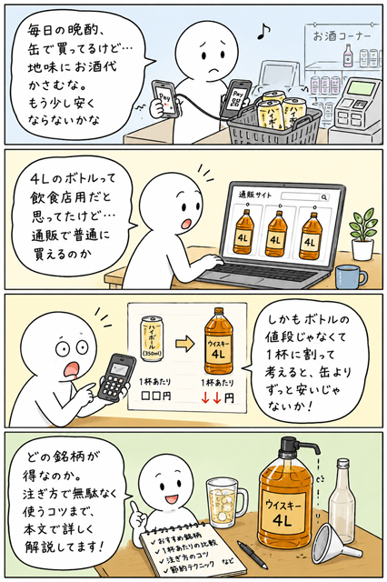 ウイスキー大容量4Lは1杯あたり缶より安いと気づく4コマ漫画