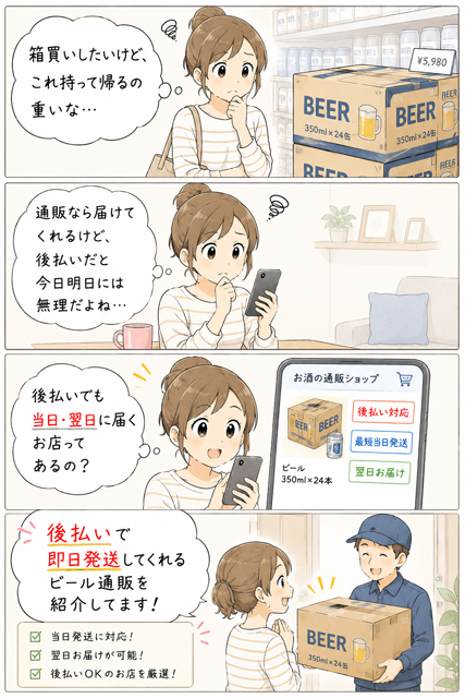 後払いでビールを即日発送してもらう主婦の4コマ漫画