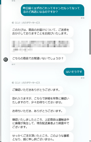 Amazonチャットで注文キャンセルの理由を問い合わせた内容