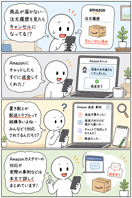 Amazonの配送トラブルで返金された後の対応をチャットの事例から調べる4コマ漫画