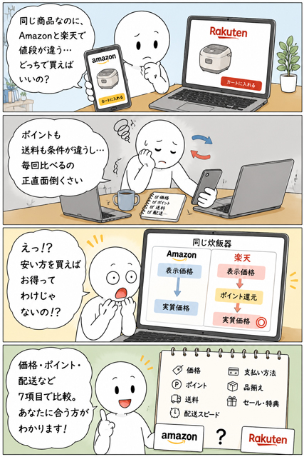 Amazonと楽天は安い方を買えばお得とは限らないと気づく4コマ漫画