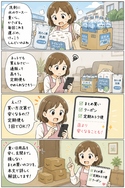 Amazonの日用品はまとめ買いと割引で店より安くなると気づく4コマ漫画