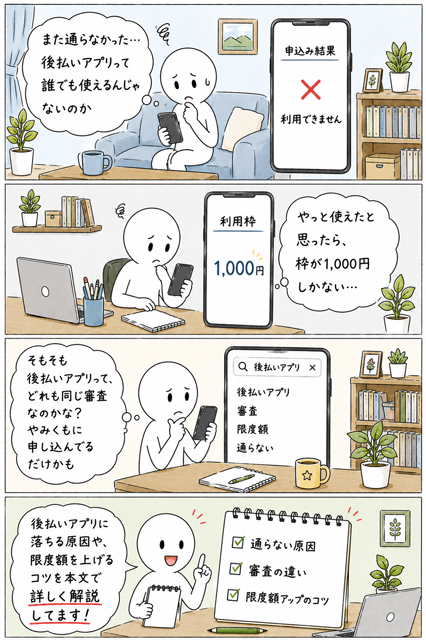 後払いアプリに通らず限度額も増えない理由を調べる4コマ漫画
