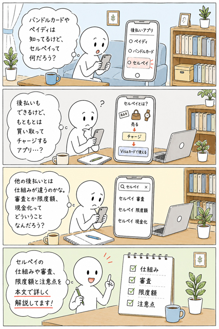 他の後払いとは違うセルペイの仕組みや審査、限度額が気になる4コマ漫画
