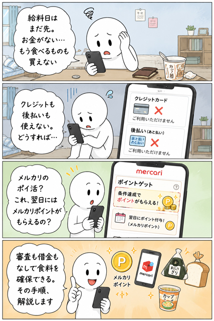 メルカリのポイ活で所持金ゼロから翌日食料を確保する4コマ漫画
