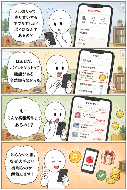 メルカリにポイ活があると知らなかった人が気づく4コマ漫画