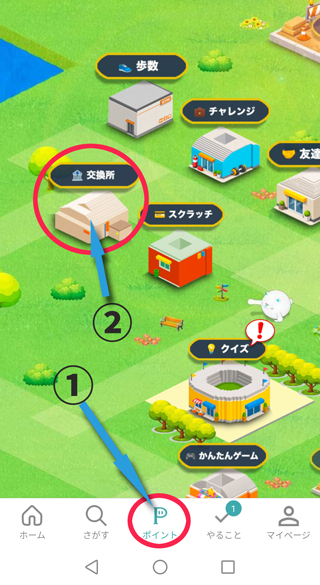 ポイントの「交換所」をタップ