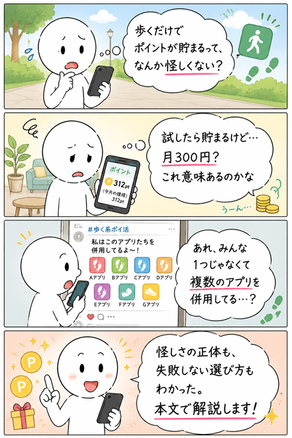 歩く系ポイ活が怪しいか実際に試して見極め方がわかる4コマ漫画