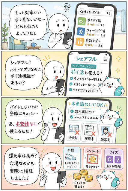 シェアフルは本登録なしでポイ活だけ使える歩く系か検証した4コマ漫画