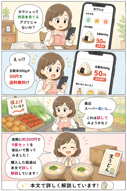 カウシェは安くない？4コマ漫画で実際に買って検証