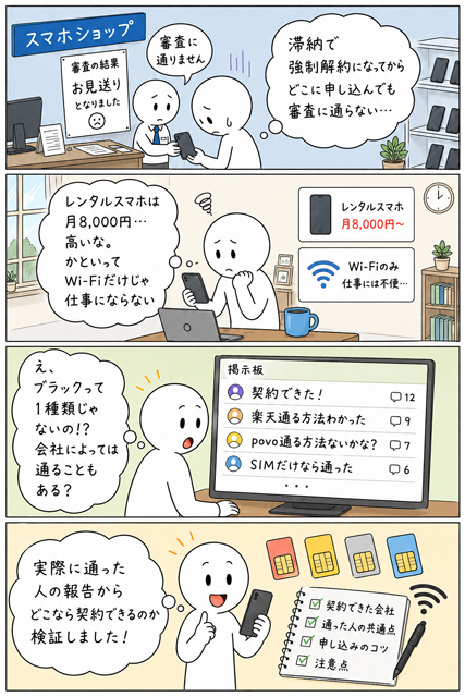 ブラックでも契約できる携帯があると実際の報告から気づく4コマ漫画
