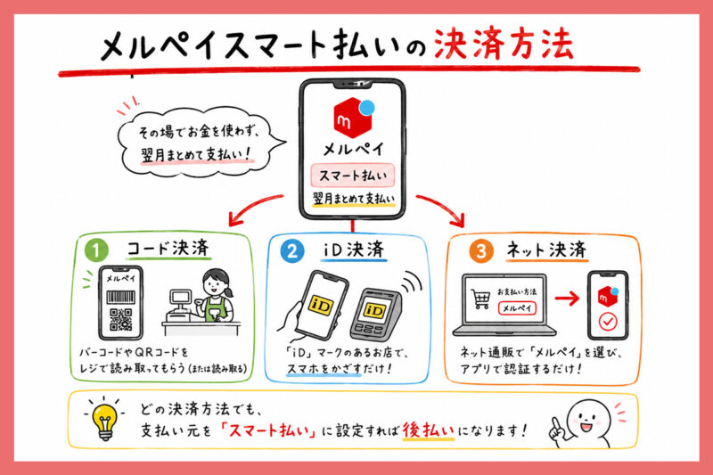 メルペイスマート払いの決済方法は3種類