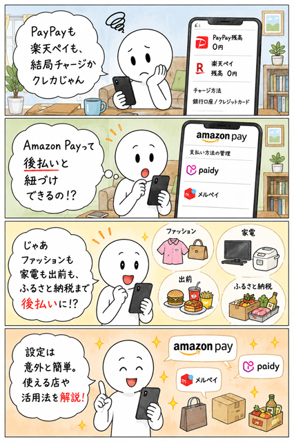 Amazonペイが後払いで幅広い店に使えると気づく4コマ漫画