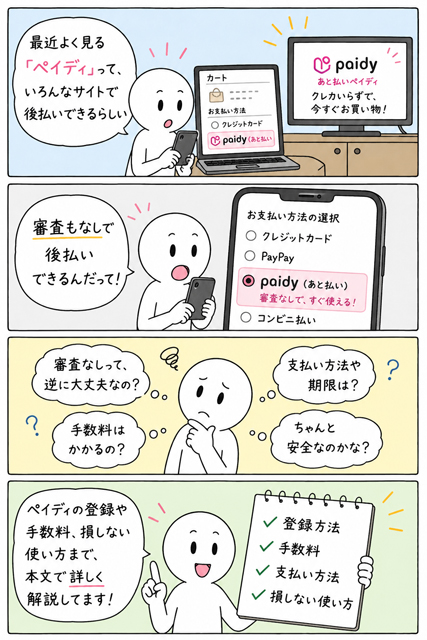 ペイディなら審査なしで後払いできると知り疑問を持つ4コマ漫画