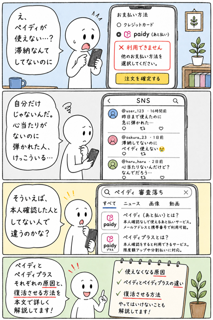 ペイディが突然使えなくなり原因を調べる4コマ漫画